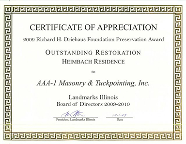 2009 Richard H. Driehaus Foundation Preservation Award, Outstanding Restoration, Heimbach Residence