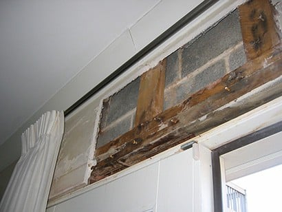 A wet concrete block wall with no insulation and an improperly constructed wood stud wall behind removed drywall