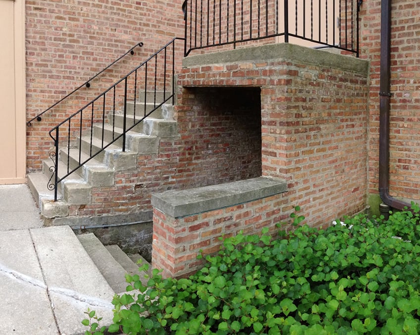 Rear entrance to church with staircases up and down