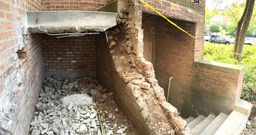 Staircases of church after demolition of steps and landing