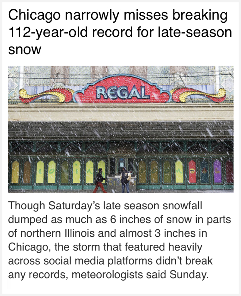 News story headlined: 'Chicago narrowly misses breaking 112-year-old record for late-season snow'