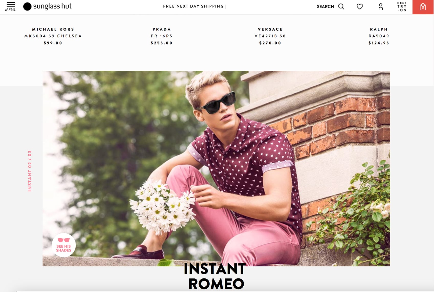 A screenshot of the Sunglass Hut website featuring a young gentleman in pink and purple sitting in front of a brick structure