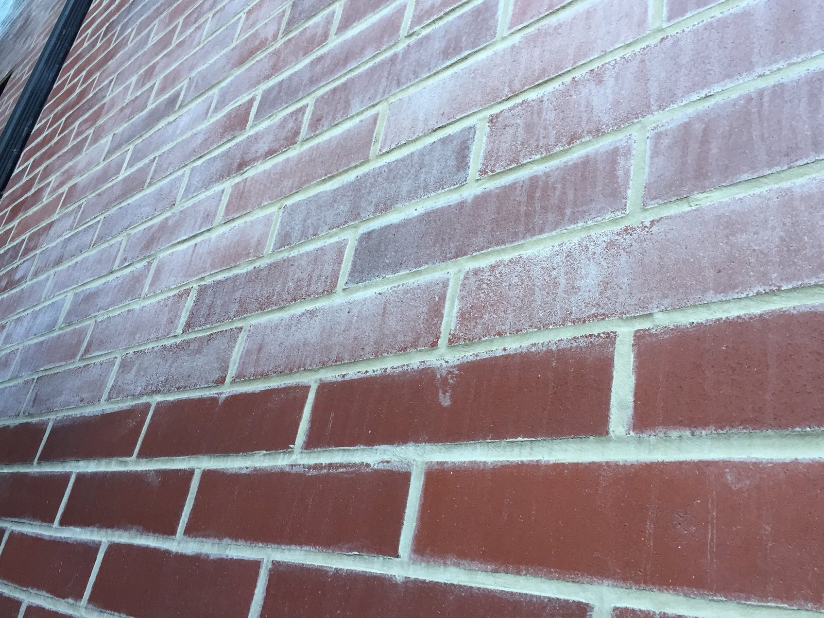 A brick wall with a milky haze on the top section and no haze on the bottom half